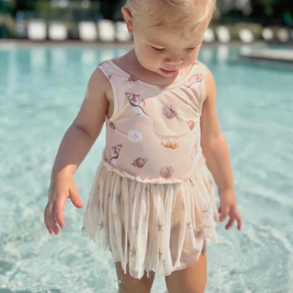 NWT! Milkbarn Ballet Skirt Swimsuit with Shell Print Size 2-3Y - Picture 1 of 6